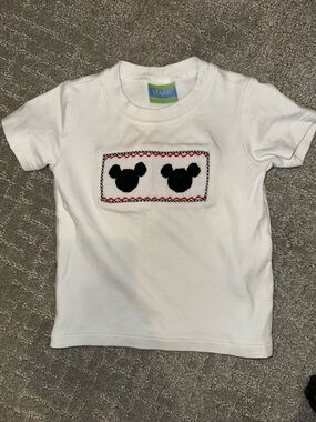 White Smocked Short-Sleeve Tee with Black Mickey Mouse Motif